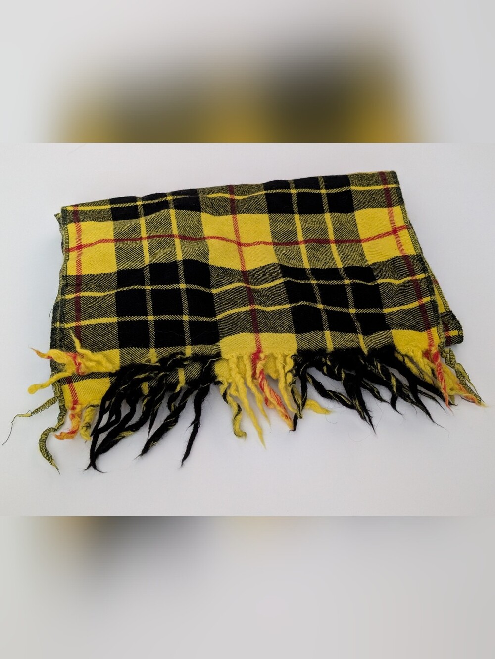 Vintage Wool Plaid Scarf - Black And Yellow - 10" Wide By 56" Long